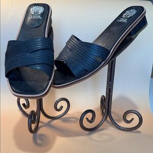 Vince Camuto Black Textured Cross-Strap Slide Sandals